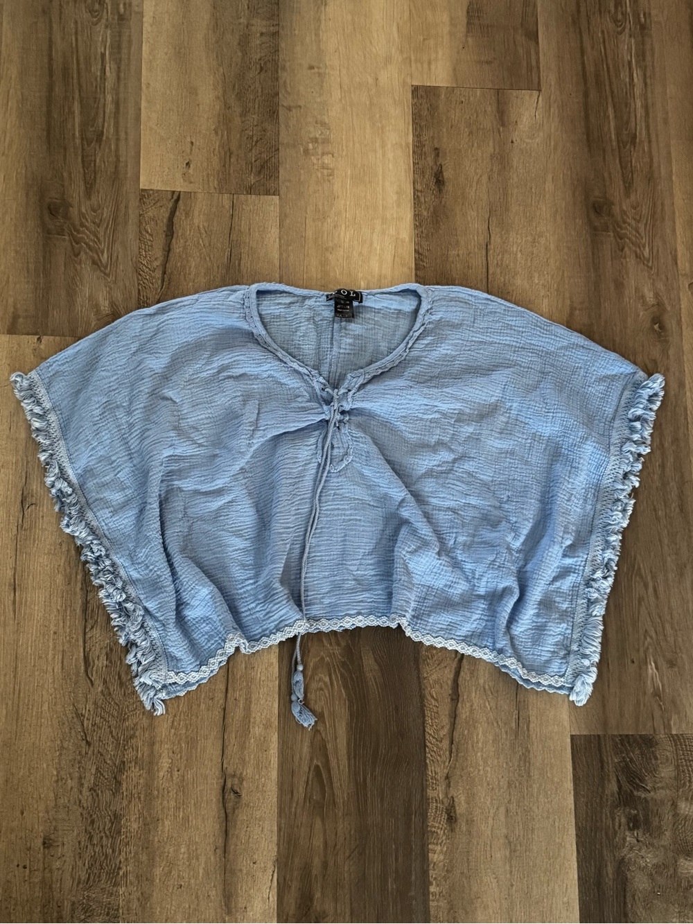 POL Sky Blue Cropped Tie-Front Top